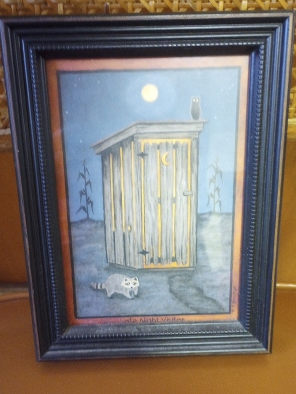 Framed Outhouse Bathroom Art w/ Racoon & Owl. "Late Night Visitor"